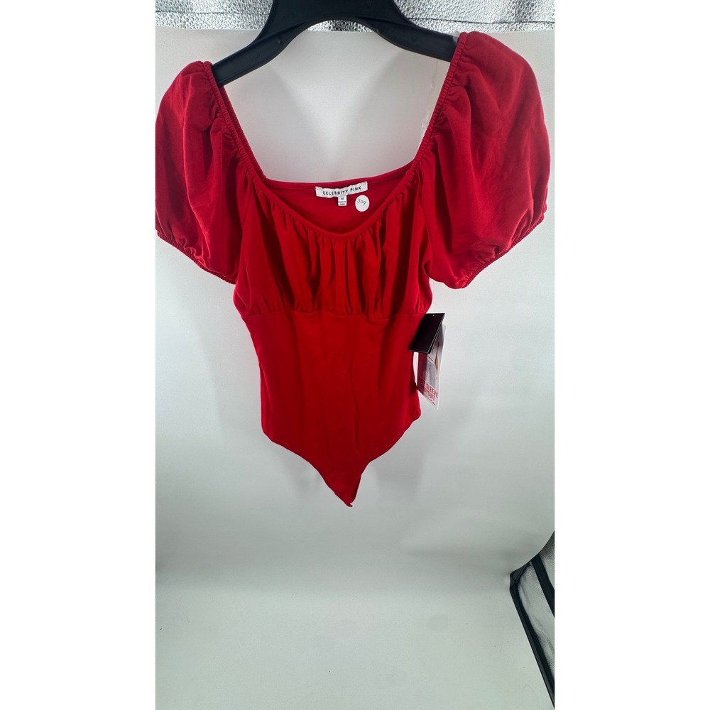Celebrity Pink Red Puff Sleeve Bodysuit Sweetheart Neck Ruched Bust Womens Mediu